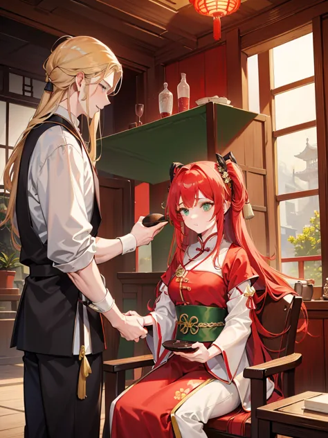 1man and 1girl,Beautiful red-haired girl with green eyes and loose waves is sitting on a chair、A tall, cool man with long blond hair massaging his scalp with both hands from right behind、Ancient Chinese style clothing and pants