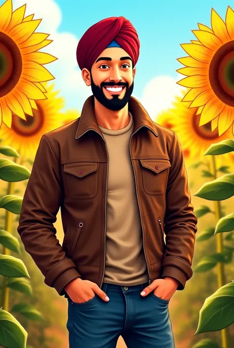 A sardar man in anime character with smiling face, wearing maroon turban brown leather jacket blue jeans standing in sunflower 