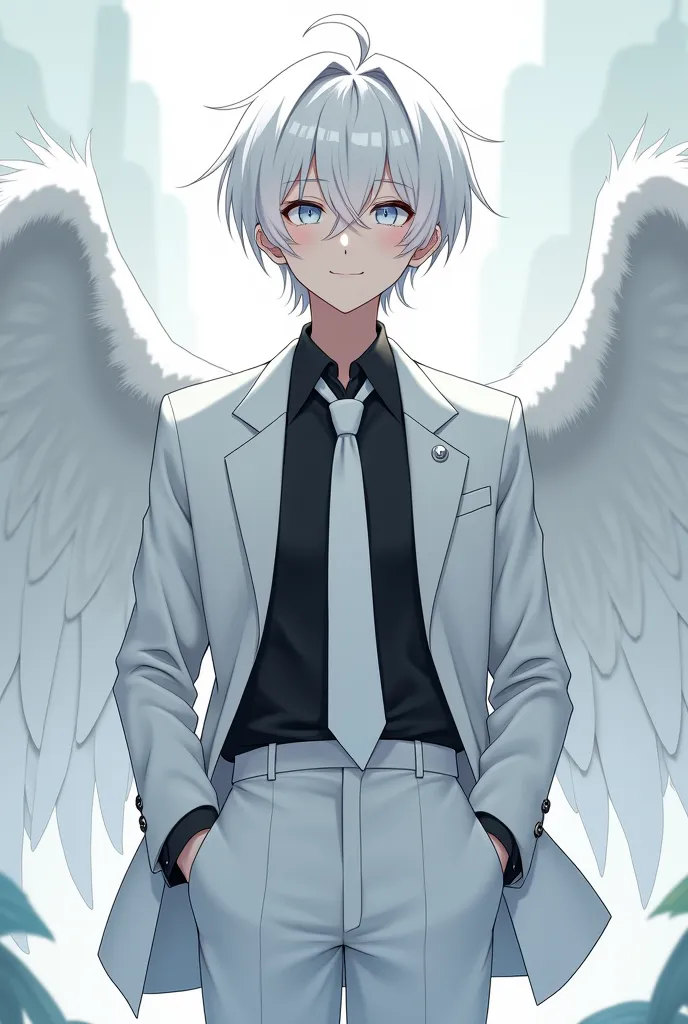 a young man with white hair and white clothes with a black shirt and a white jacket and a white anime tie and a smiling face and white eyes