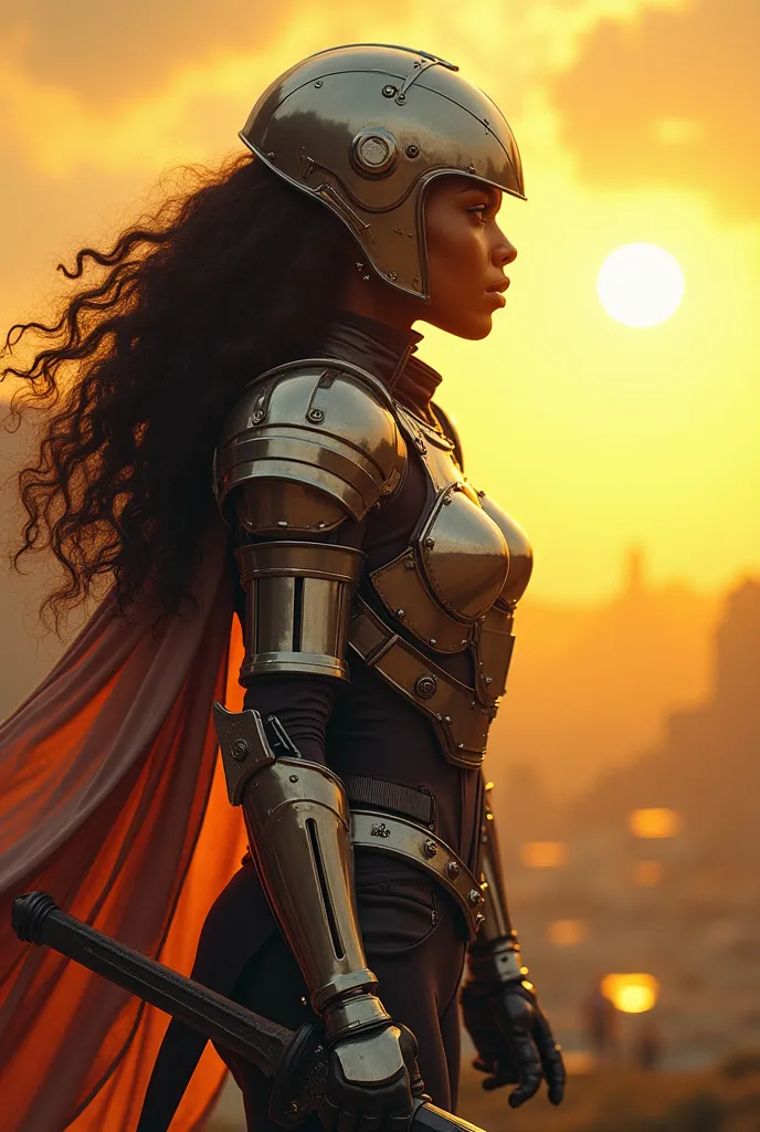 The cover of a book called The Armor depicts a young black woman with long curly hair wearing cyberpunk-style armor that has a helmet and a sword exuding a golden light she appears looking at a landscape 