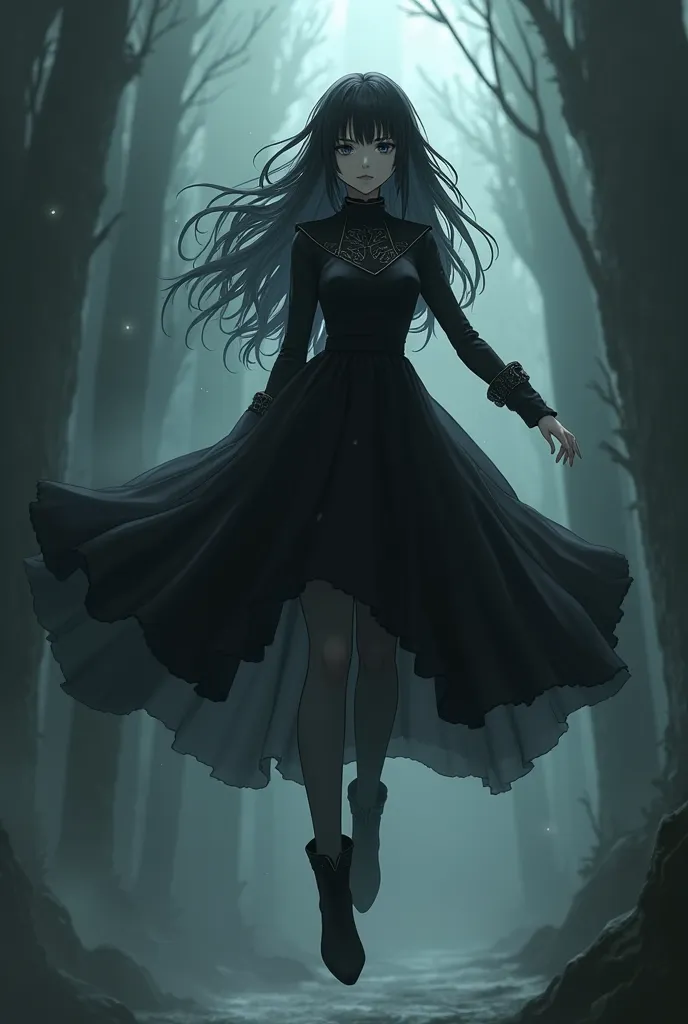 anime character, fly away, For avatar , series, gothic, without wings, black dress, boots , nervosa, estilo gothic, It's not flying 
