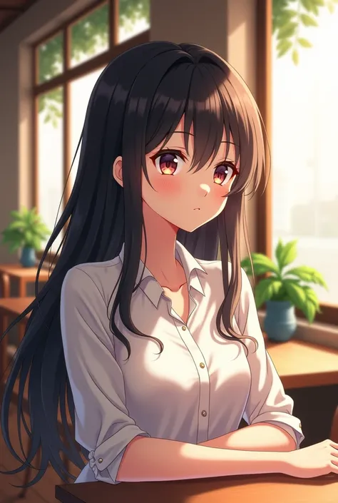 (anime girl, beautiful, detailed face, soft lighting), white shirt, black hair, sitting in a café, character positioned on the right side, empty space on the left, ultra-detailed, 4K