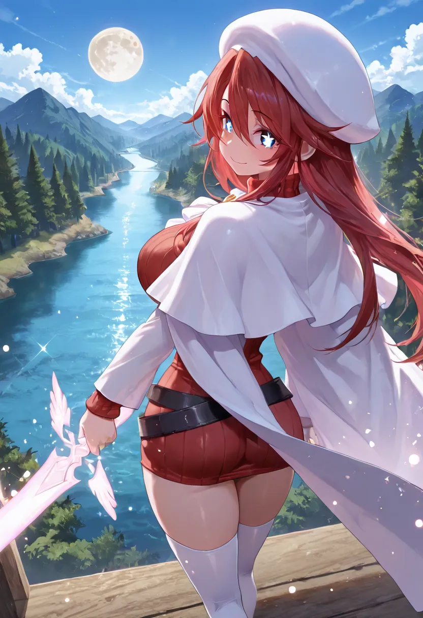 詳細な背景, masterpiece, top quality, landscape, Mountain, river, forest, moon, day, cloud、score_9, score_8_up, score_7_up, Atty、非常にlong hair、 red hair、blue eyes、Big Breasts、  White Beret 、Between the eyebrows、 knee-high socks、White footwear、belt、 bbo ~、ルーズbelt...