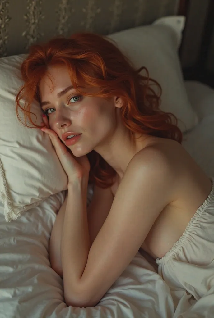 Realistic naked fair-skinned sexy red-haired woman lying in bed without a blanket