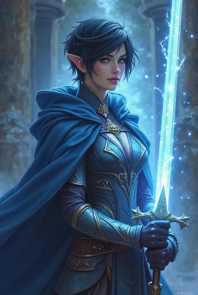 Make a human warrior champion of World of Warcraft, That you use the Light as a power, May I be surrounded by Light, With a sword whose blade is of Light, And that she has short, dark hair, And that he has glasses. Have a benevolent look and wear a long bl...