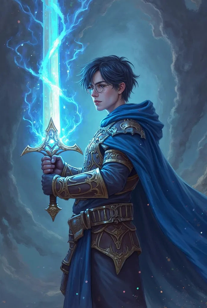 Make a human male warrior champion of World of Warcraft, That you use the Light as a power, May I be surrounded by Light, With a sword whose blade is of Light, And that she has short, dark hair, And that he has glasses. Have a benevolent look and wear a lo...