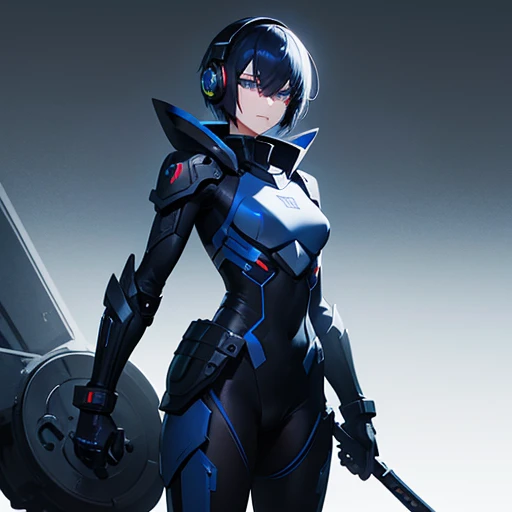  dark blue hair ，short hair，neutral，boyish， hide one eye ，slender，Also々Funny Face，powered suit，Reinforced suit ，black suit，Mechanical，sci-fi， black sleeveless coat ，With sword， headgear ， headphones ，small breasts，small breasts，flat chest，is tall， slightly...