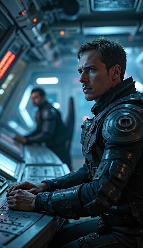 A close-up of a human warship's bridge, filled with cool, blue lighting and high-tech consoles. The captain, a calm figure in futuristic armor, stares out into space with cold determination, while the crew moves swiftly around them, preparing for battle