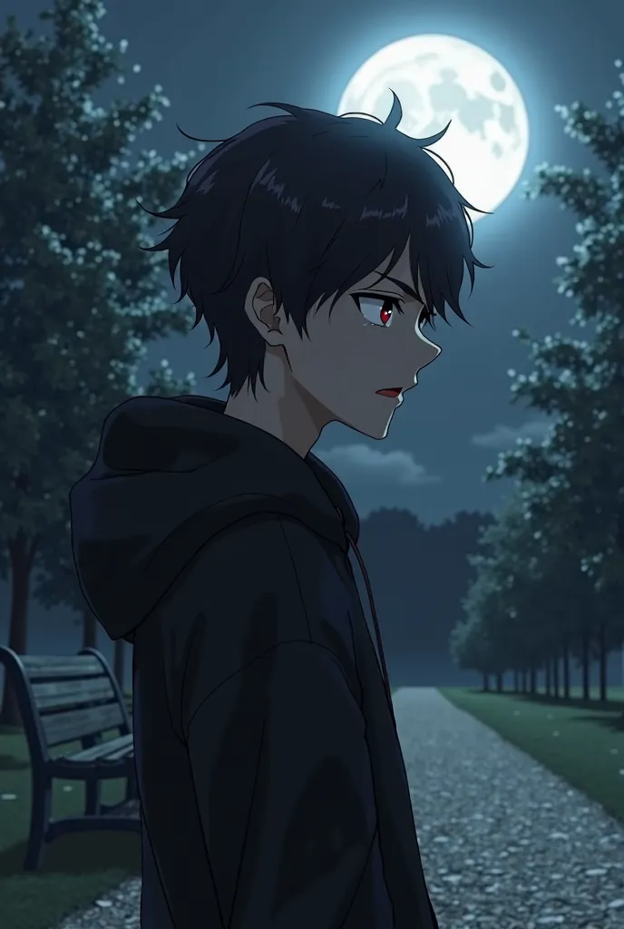 anime male profile picture looks at us, and his body is average, not thin. hairstyle:  short, Unkempt black hair (as in the reference image above). Eye color and expression: Red eyes and serious expression.  Clothes: black, hooded jacket, Around the shadow...