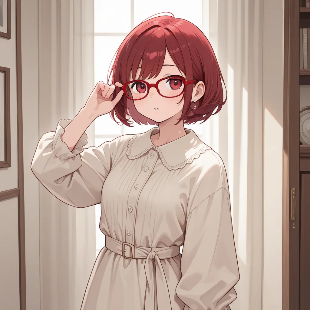 Dark-style, Make an adult woman with short hair and red glasses with dress clothes