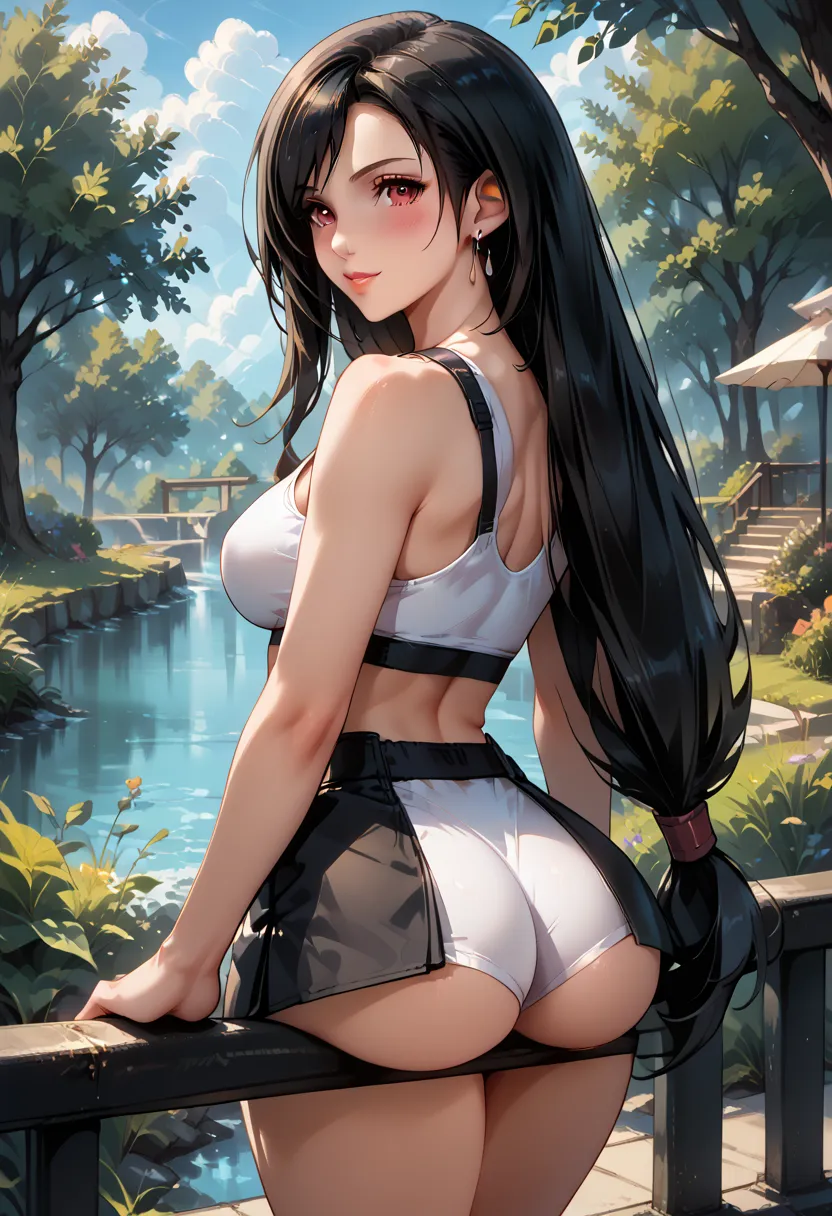 score_9, score_8_up, score_7_up, 1girl, solo, beautiful waifu, (Tifa, /Final Fantasy/, low-tied long hair:1.3), (tiny gym shorts:1.1), (white sports bra:1.2), detailed eyes, detailed face, flirt, nm_fitbutt, ass, fitass, round butt, big ass, curvy but slen...