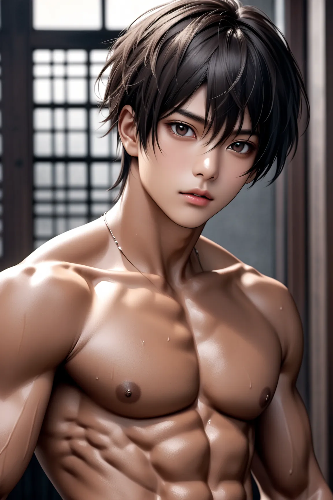 High Quality, Details, photo realistic, (solo dark brown skin Japanese boy), topless, (abs), (Details black eyes), (black short hair),  dark brown skin face, detailed puffy nipple, nipple ring, looking for viewer,  uncensored, 