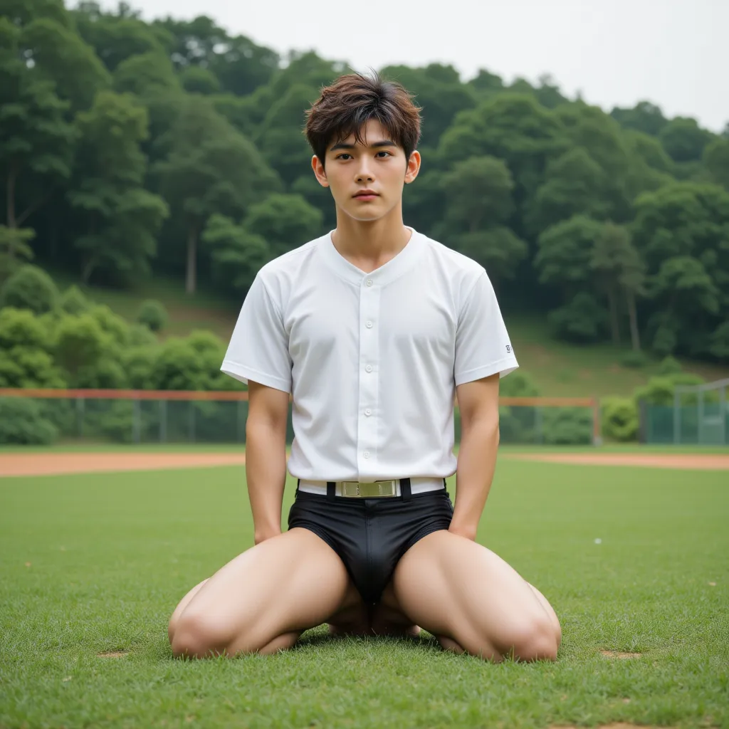 live-action, surreal, photos,super high quality,At the baseball field( sitting with legs wide spread)((A handsome  young Japanese boy wearing a baseball uniform on his upper body))Handsome  young Japanese boy wearing black short pants that stick perfectly ...