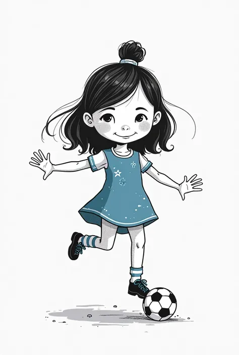 A Bangladeshi character, book illustration style, cute five-year-old girl, black-and-white line drawing in a storybook illustration style, black shoes, blue dress, beautiful gown, half-long black hair tied with band, and black outline. She plays football w...