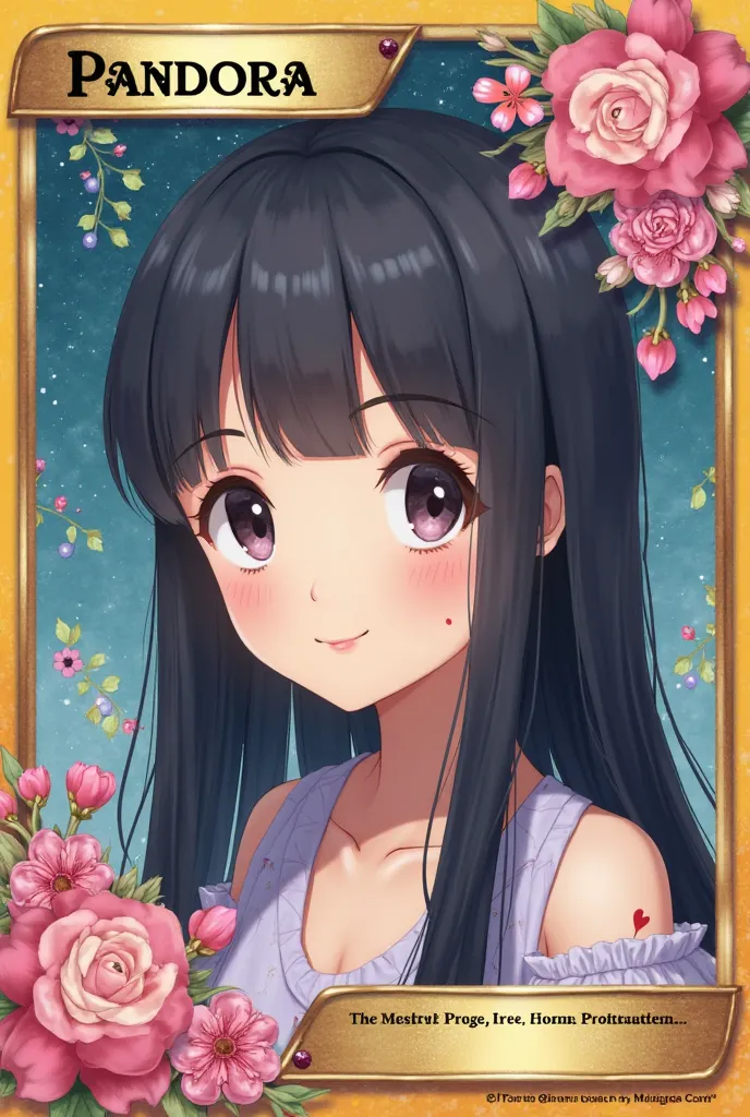 create an image of a young  girl with long, straight black hair, with a heart-shaped mole under the corner of her eye. anime style. the image is inside a pokemon-type card, with the name pandora