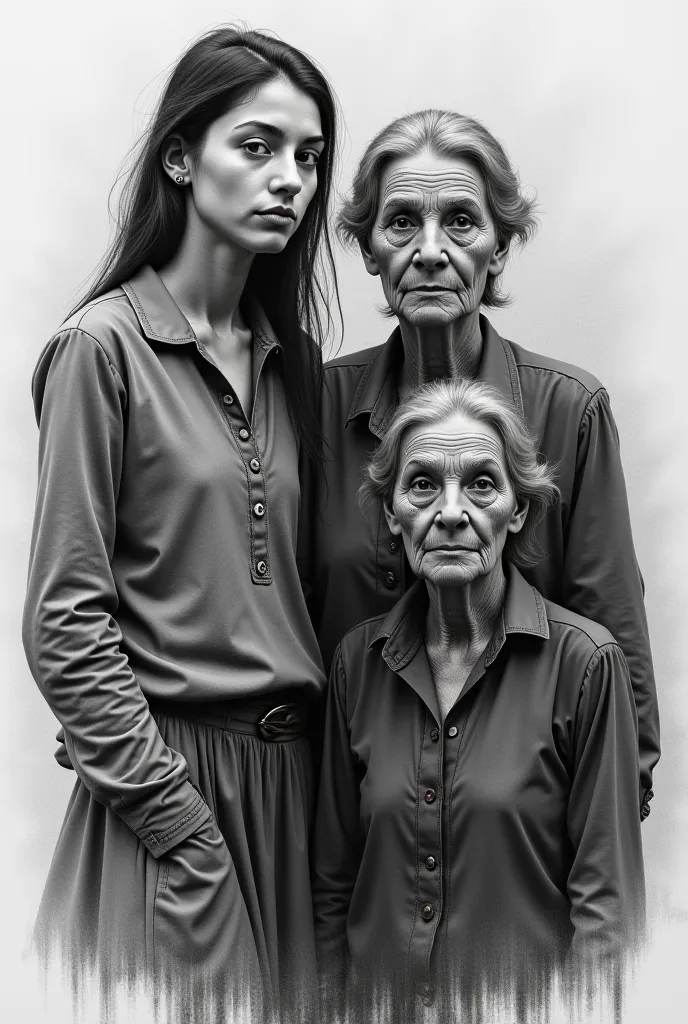 Of three women, one adolescent, another adult and the other old., In the same charcoal drawing 