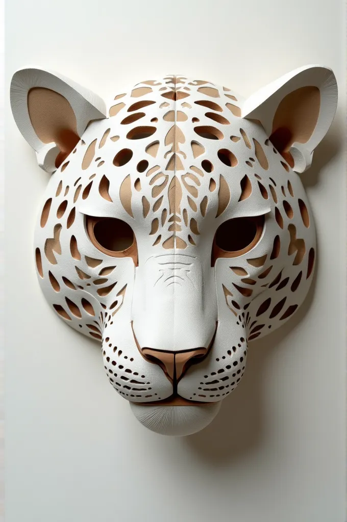 Jaguar mask made with paper that highlights its geometric figures on each side of the mask decorated with threads 