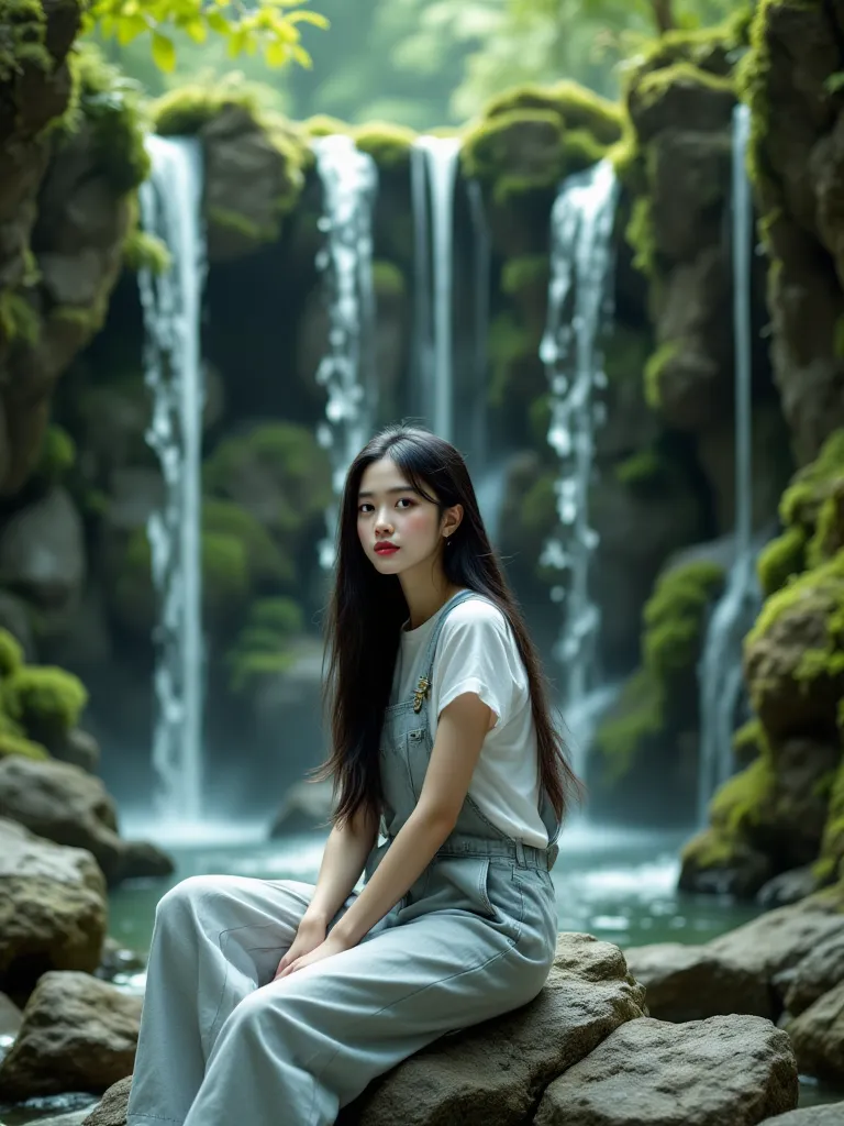 A beautiful Asian girl with long straight layered hair black, with dress overalls,  white t-shirt, long skirt sitting on a rock, the background of the walls composed of dozens of mossy stones forms a masterpiece of several miniature cliffs and waterfalls e...