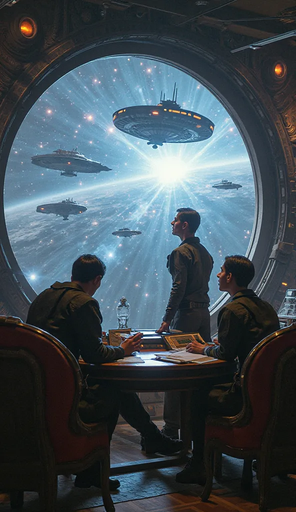 A scene of galactic panic inside the Coalition's command center, where leaders in alien attire are frantically watching human warships advancing across the galaxy. Their expressions are filled with fear and disbelief as they realize their worst fear has co...