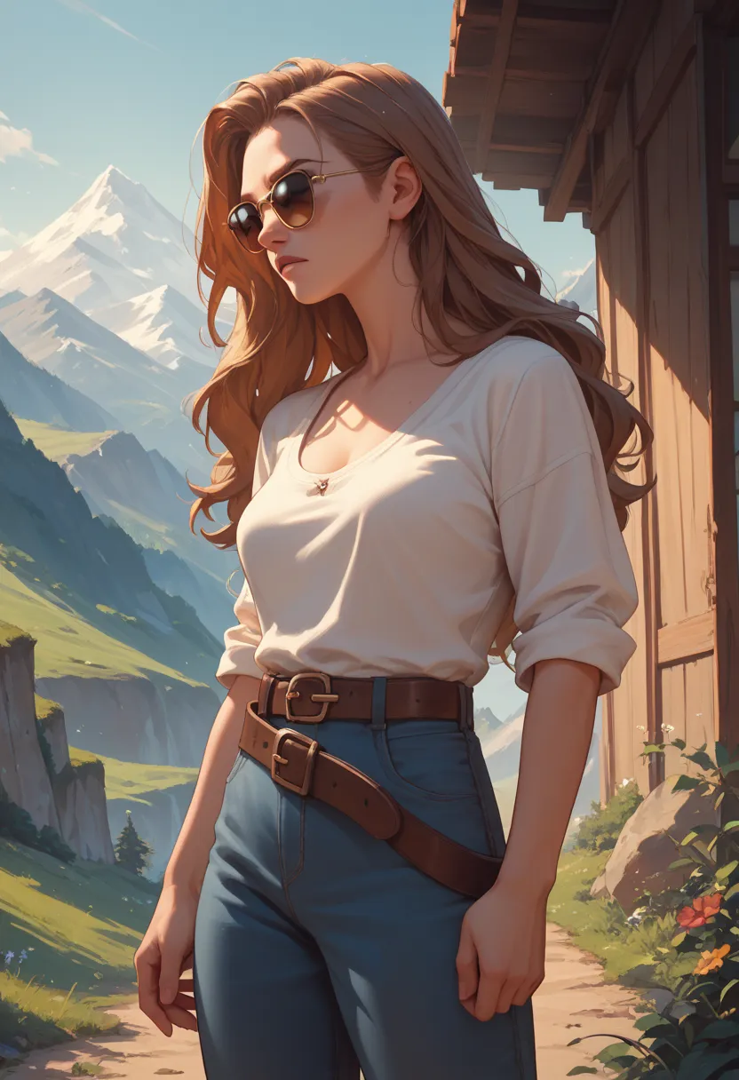 runs away from the mountain High quality. Better quality.  woman . long hair. sunglasses. It's worth leaning down a little, hands on belt