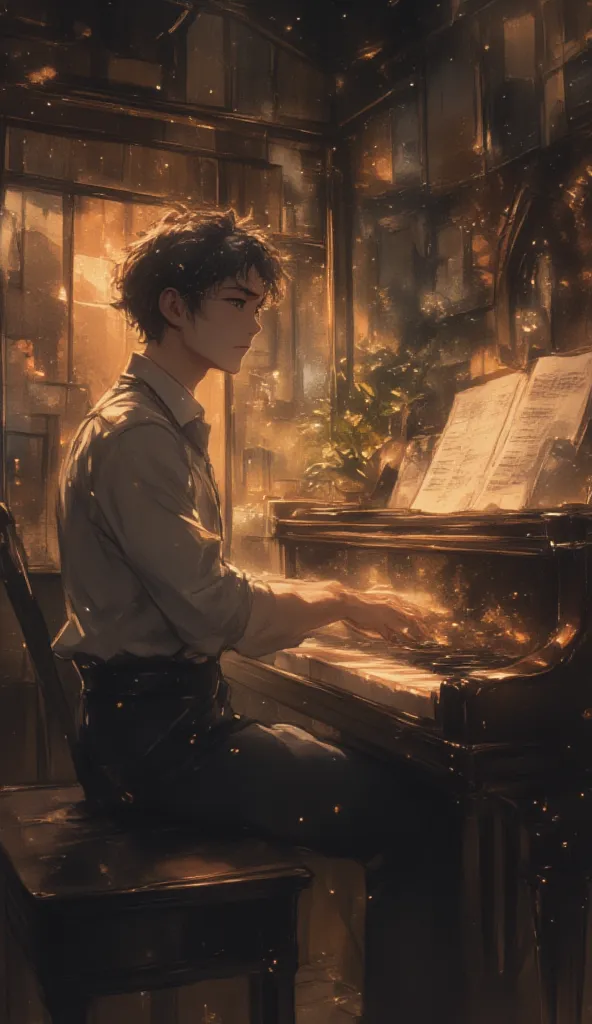 A man playing piano in a dark room and the light falling on him only which makes him shine in the darkness and the camera is from up kinda In Japanese old store 