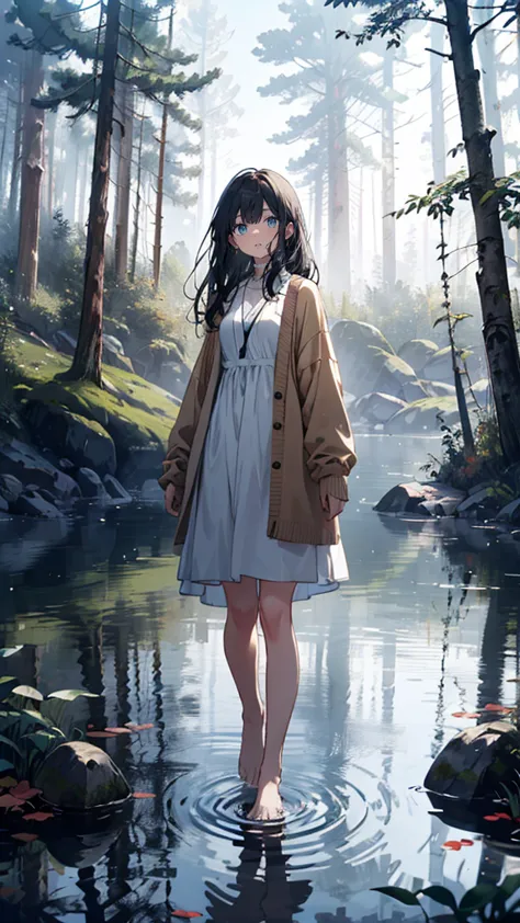 A gentle but anxious age girl with semi-long black hair, wearing a long beige cardigan over a simple dress, standing **far away from the lake**, her feet firmly planted **on dry solid ground covered in dirt and fallen leaves**, standing between tall trees,...