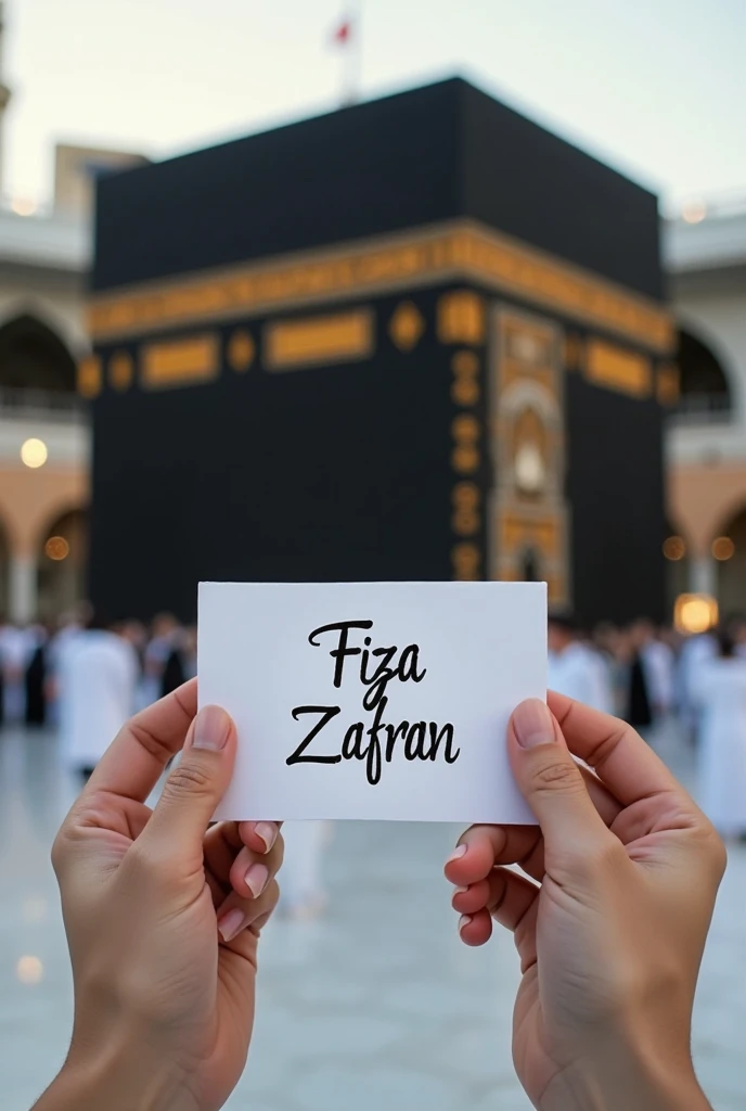 Fiza and Zafran name on piece of white paper written on pen in front of the kaaba in hand of human realistic simple handwriting 