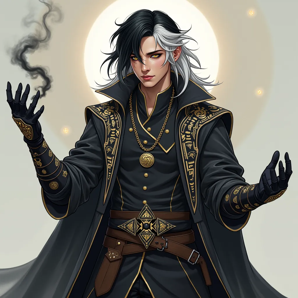 2. Kael - The Cursed Heir
 • Appearance : Man with black hair raven with white locks, iridescent gold eyes, giving a spectral effect. His body bears dark scars, remains of the shadow creatures he summons.
	• Outfit : Light armor mixed with a long fabric ja...