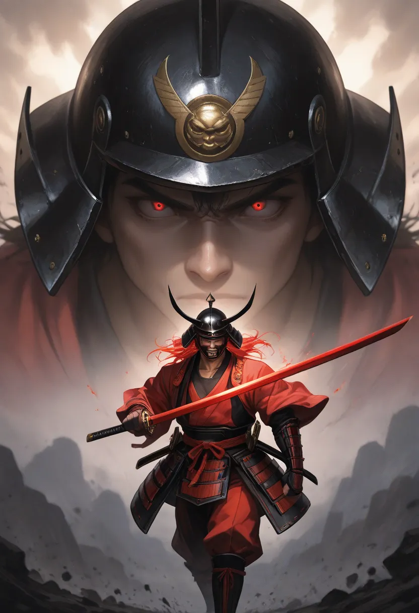 A floating black and red samurai helmet.