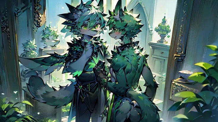 (super detailed), ( masterpiece), (best quality),Light green wolf，，has a pair of green bird wings on her back， stands