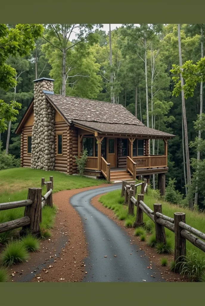 A cozy log cabin nestled in a lush forest setting. The cabin features a stone chimney, a wooden porch with railings, and a shingled roof. A winding path leads up to the cabin, bordered by a rustic wooden fence. Tall trees surround the cabin, creating a ser...