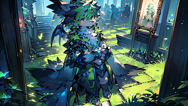 ( Super Fine ), ( masterpiece), (is the best quality),alone，Light green wolf，has a pair of green bird wings on her back， stands，Hands on hips，wears a blue bracelet on her wrist