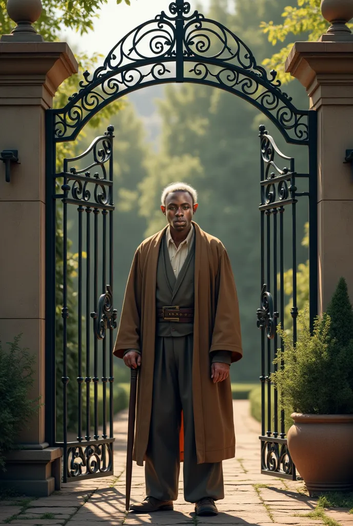 A male ager standing outside his house gate