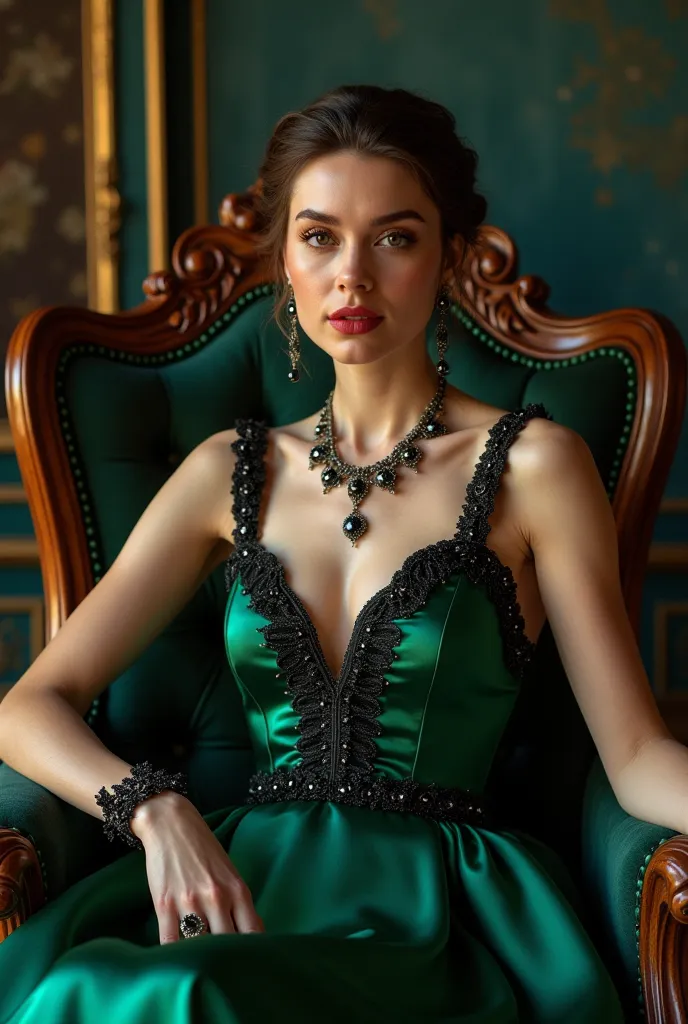 Вот обновленный промт с учетом изменения фигуры женщины:
Ultra-realistic, high-fashion medium shot portrait of a poised, elegantly slender woman with dark chestnut brown hair, seated in an opulent, vintage armchair. Her expression is regal and composed, wi...