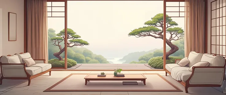 illustration in soft colors predominating , minimalism of a Japanese style living room with window to see the minimalist Japanese garden with bonsai trees, the stage evokes energy and elegance