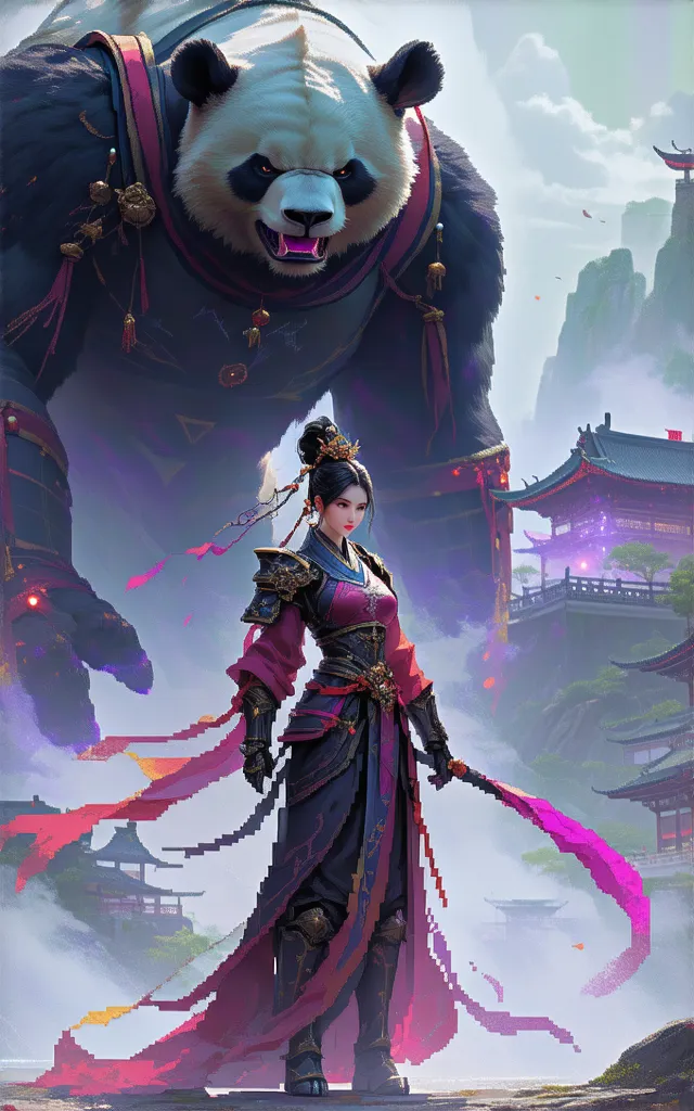 Pixel Art, a painting of an oriental female warrior goddess with an android body, challenging a giant evil giant panda standing before her, her inner boldness and aura are depicted with rough brushstrokes, Cyber ​​City, she is equipped with hyper cyberneti...