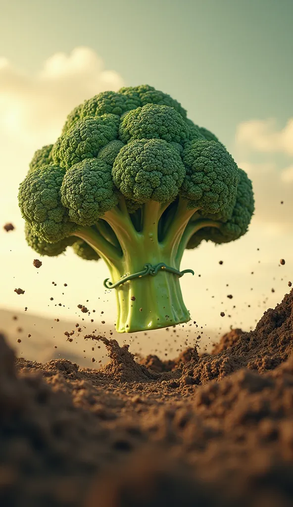 (masterpiece, Highest quality, 8k, hyperdetail, photorealistic: 1.2), One broccoli is buried in the soil, Soak your neck in the soil, broccoli Sporty body buried in the body, Theme: Heroic landing,