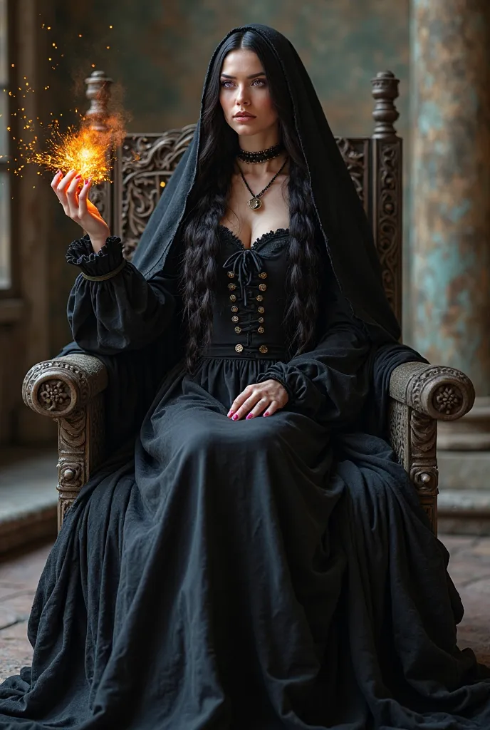 Creates the image of a realistic witch . She is beautiful wearing a black medieval dress with a pagan veil that covers her braided hair . She has black hair and purple eyes . She is sitting on a throne with a fireball in her hand in a medium-sized building...