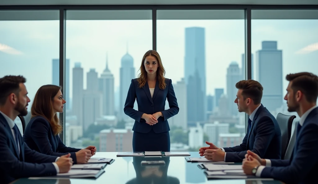 Professional businesswoman with determined expression standing at the head of a boardroom table, confronting a surprised executive man in a suit. Glass-walled corporate office with city skyline visible. Elegant but powerful navy blue dress, portfolio open ...