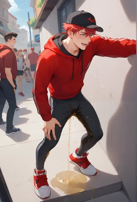 LiaqN.Red haired man.Handsome.Wearing a red hoodie cap Black Skinny Pants Hi Top Sneakers.He couldn't hold his pee. There is a large pee wet spot on his crotch. Pee stain on his pants. Pee wet spot on his crotch. He is ashamed of peeing himself