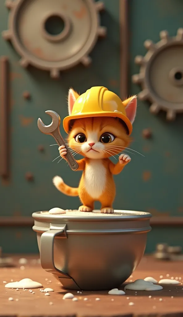 a tiny cat, wearing a yellow safety helmet, determined expression, holding a tiny wrench, standing on a giant cream mixer, mechanical gears in the background, 3D Pixar Animation Style.