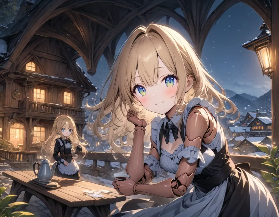  more detailed illustrations , One person, cute,  small tits,  Gold, maid clothes,  ,  doll joints, Brewing coffee,  best smile, log house, On the balcony２Floor, grace,  doll joints,  table, fantastic scenery,  night view,  background, Mysterious, Mysterio...