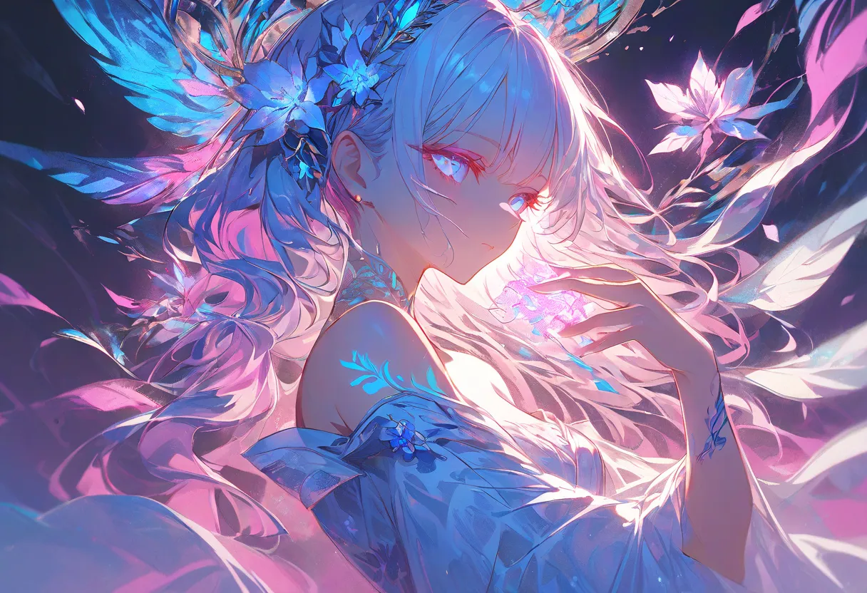 A detailed anime-style illustration of a girl's arm with a glowing, neon floral tattoo. The tattoo features intricate flowers and leaves in vibrant blue and pink colors. The girl's long hair is gently flowing, and she is wearing a white, off-shoulder dress...