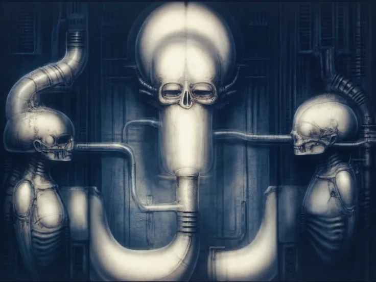 Please reproduce the original image as accurately as possible, capturing the intricate details of the biomechanical structures, the dramatic lighting, and the overall sense of unease. Find and enhance depiction of Giger's demons and creatures.(best quality...