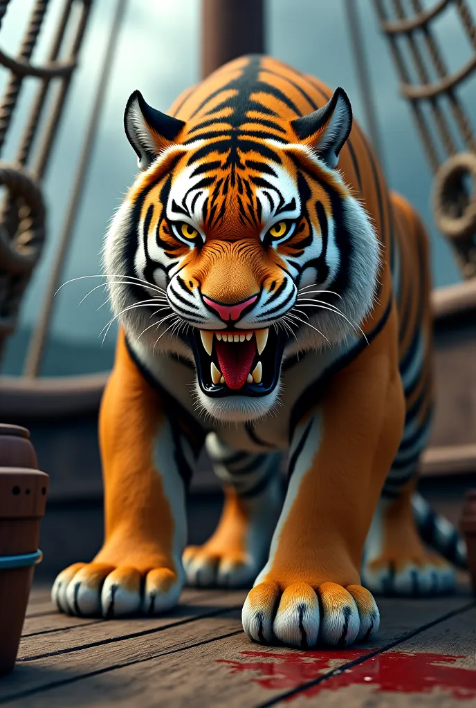 A tiger with a mean look with a little blood on the inside on a pirate ship 