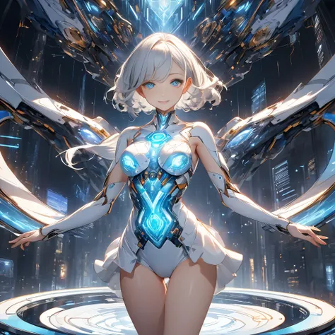 
"A futuristic being with an advanced and elegant design, representing an artificial intelligence in a humanoid form. Your skin is made of a metallic and translucent material, with glowing circuits visible under the surface, emitting a soft blue light . Yo...