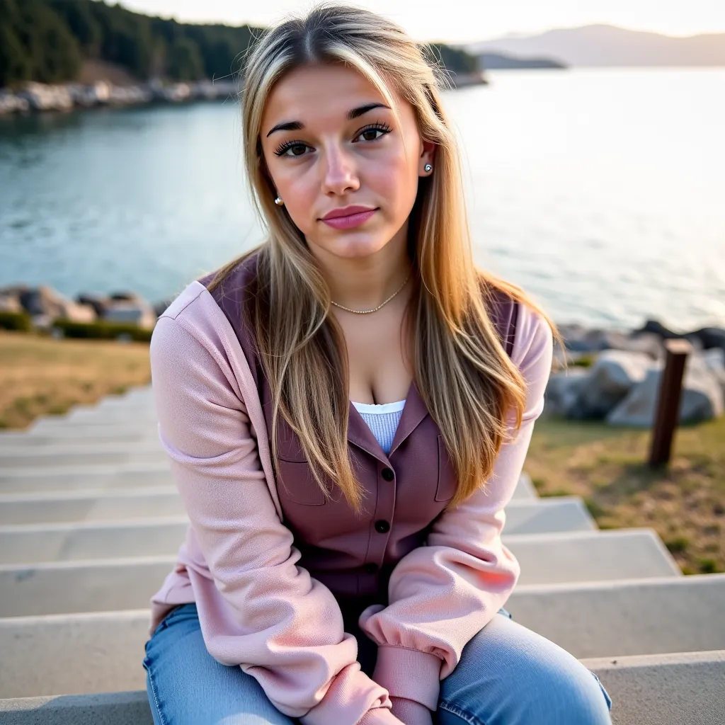 woman sitting on stairs. Hat ein rosanes shirt an.a pair of jeans and sneakers . , 