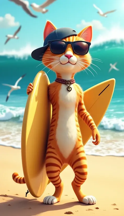 "A realistic stylish surfer cat is on the beach holding his surfboard. He wears a cap behind him and black sunglasses, looking very confident and cool. The golden sand shines under the sun, while crystal blue waves break in the background. The sky is clear...