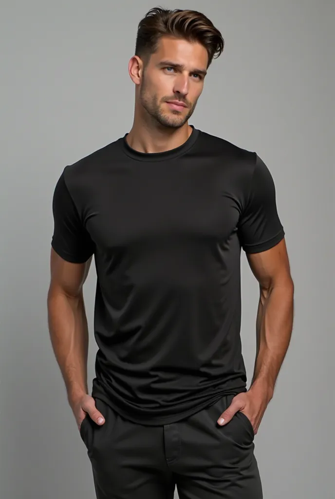 I have a clothing store and I need a photo of a guy wearing a black viscolycra men's t-shirt and a photo of him showing that the t-shirt is stretched around the body