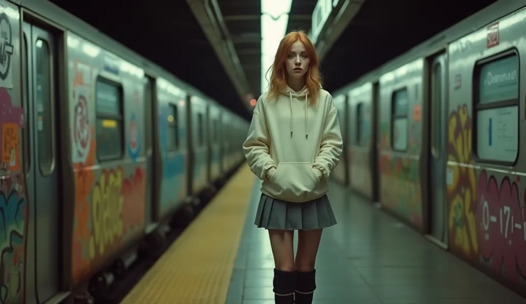 Photorealistic image of a young woman with light red hair, around 5'5" tall, standing near train cars in a subway station. She's wearing a short grey pleated skirt, a cream-colored hoodie (slightly oversized), black knee-high ribbed socks, and worn Convers...